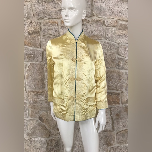 Vintage 1960s Chinese Satin Blue Yellow Reversible Floral Jacket Frog Closures - Picture 9 of 16